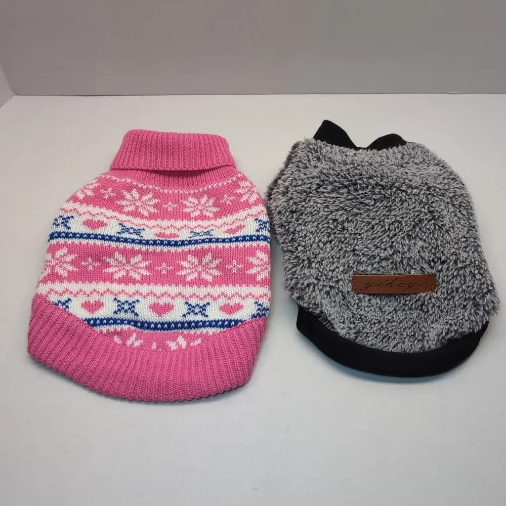 Lot of 2 Dog‎ Coat Sweater Size XSmall Yikeyo Grey Fleece Sherpa Pink Snowflake